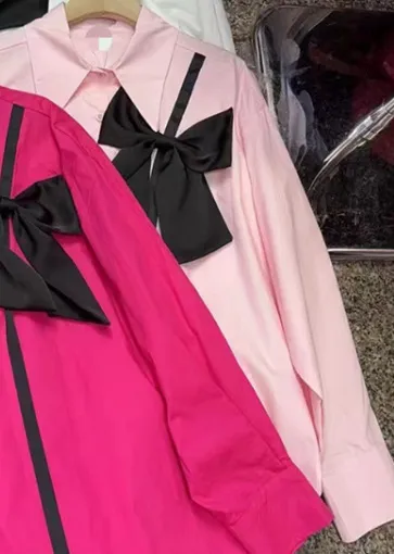 French Style Three dimensional Bow Long Sleeve Shirt Pink - Shop at LoveMi