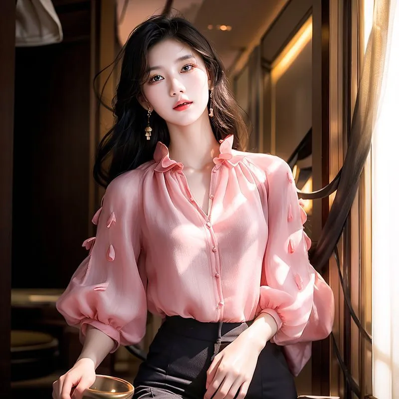 Three-dimensional Petals Solid Color Lantern Sleeve Top Slimming Shirt - Pink