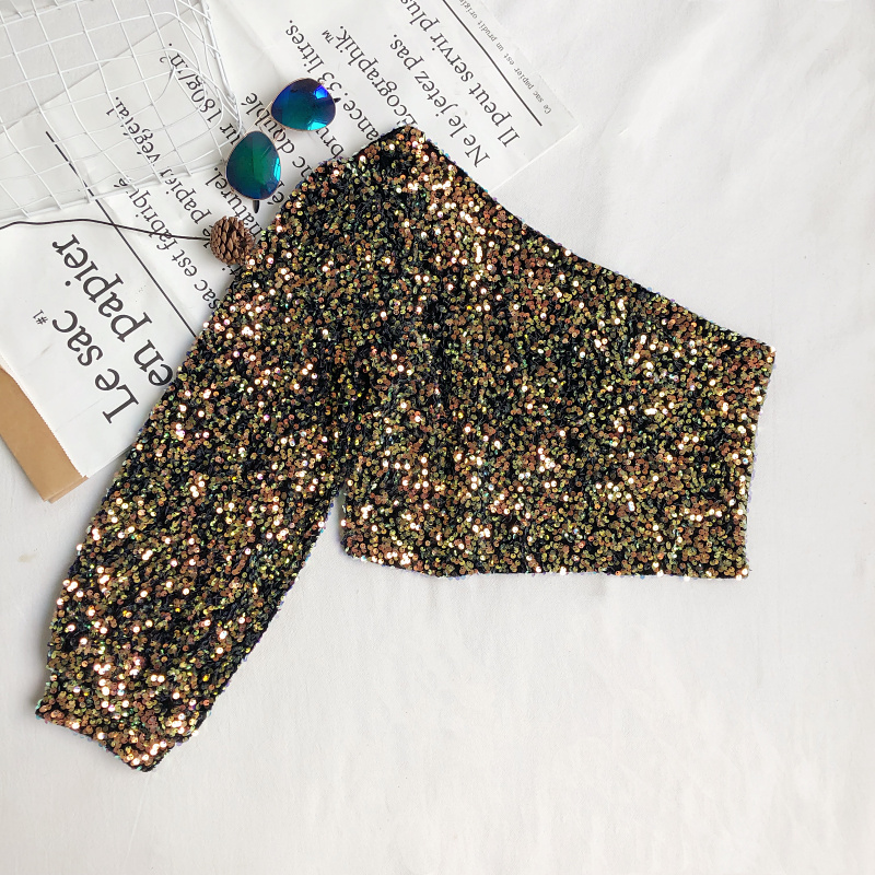 Versatile Slash-neck Off-shoulder Short Shirt With One-sided Puff Sleeves And Sparkling Sequins