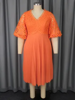 Lace Hollow Pattern Puff Sleeve V-neck Slimming A Swing Elegant Pleated Dress - Orange - View 1