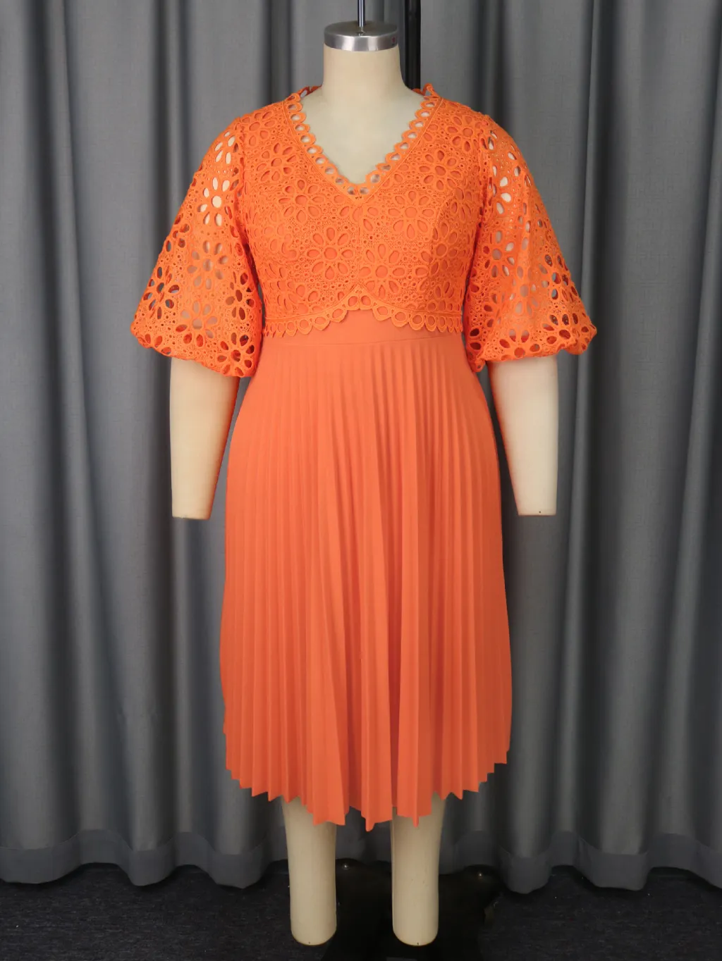 Lace Hollow Pattern Puff Sleeve V-neck Slimming A Swing Elegant Pleated Dress - Orange