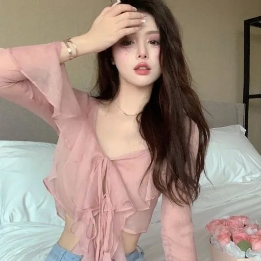 Pure Design Ruffled V neck Chiffon Long Sleeve Shirt Pink - Shop at LoveMi
