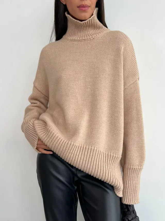Half Turtleneck Commuter Solid Color Knitted Pullover Sweater Apricot - Shop at LoveMi