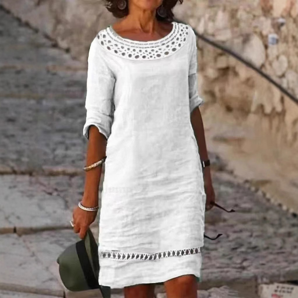 Solid Color Round Neck Hollow Lace Loose Dress
