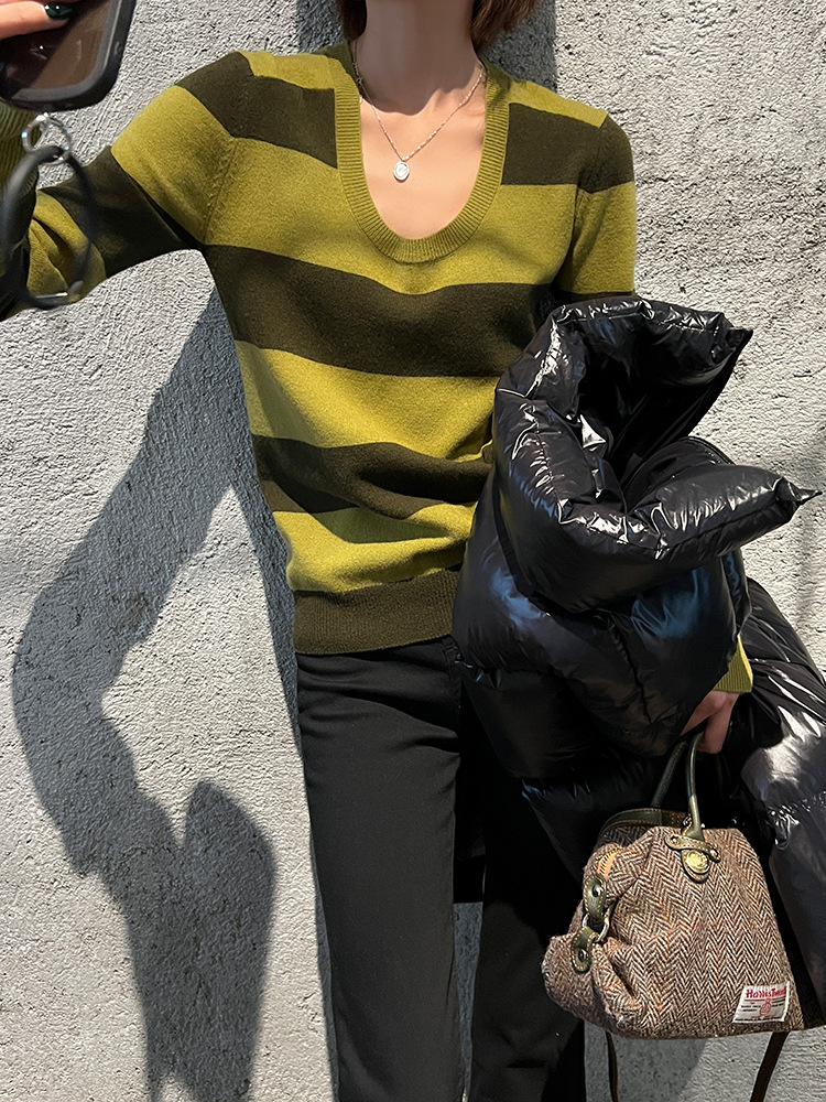 U Collar Sweater Women's Fall And Winter Inner Wear New Gentle Loose fitting Striped Long Sleeves Bottoming Sweater Green - Shop at LoveMi