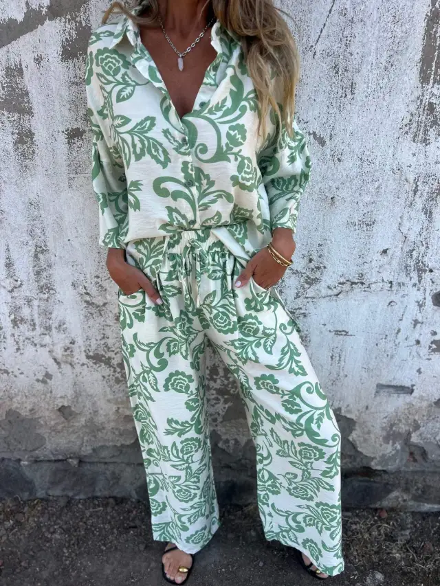 Casual Women's Printed Shirt And Trousers Two piece Set Light Green Printing - Shop at LoveMi