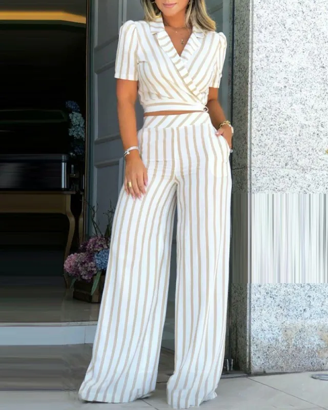 Women's Simple Brown Striped Shorts Coat Set Long White - Shop at LoveMi