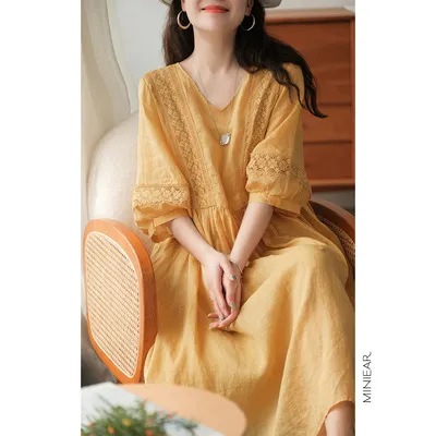 Three quarter Sleeve Artistic Style Lace up Dress Long V neck Comely Yellow - Shop at LoveMi