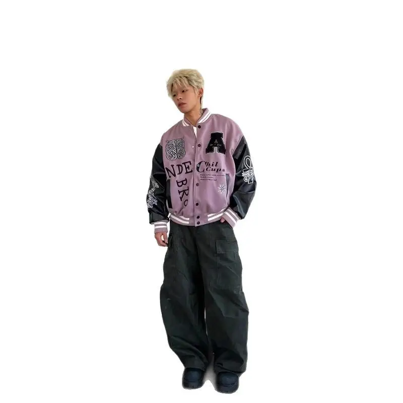 American-style Letter-embroidered Color-block Baseball Jacket For Men