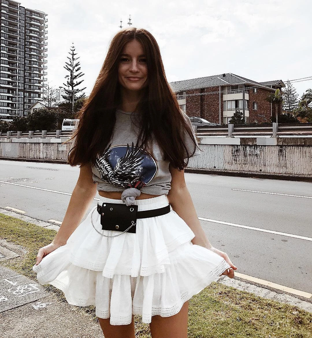 Title 8, White ruffled lace skirt for women. Create roma...