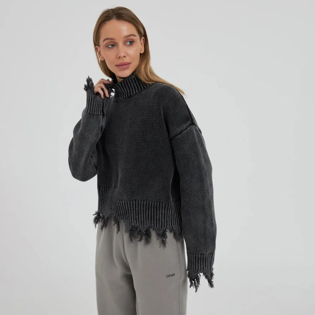 Ins Trend Street Snap Knitwear Autumn And Winter Solid Color Simple Top Women - Black
