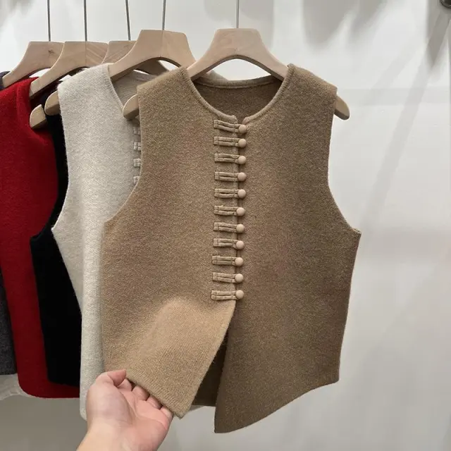 Knitted Vest Western Style Minimalist Sleeveless Button Top Khaki - Shop at LoveMi