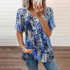 Leopard Print Short Sleeve V-neck Top T-shirt Women's Clothing - Blue - View 1