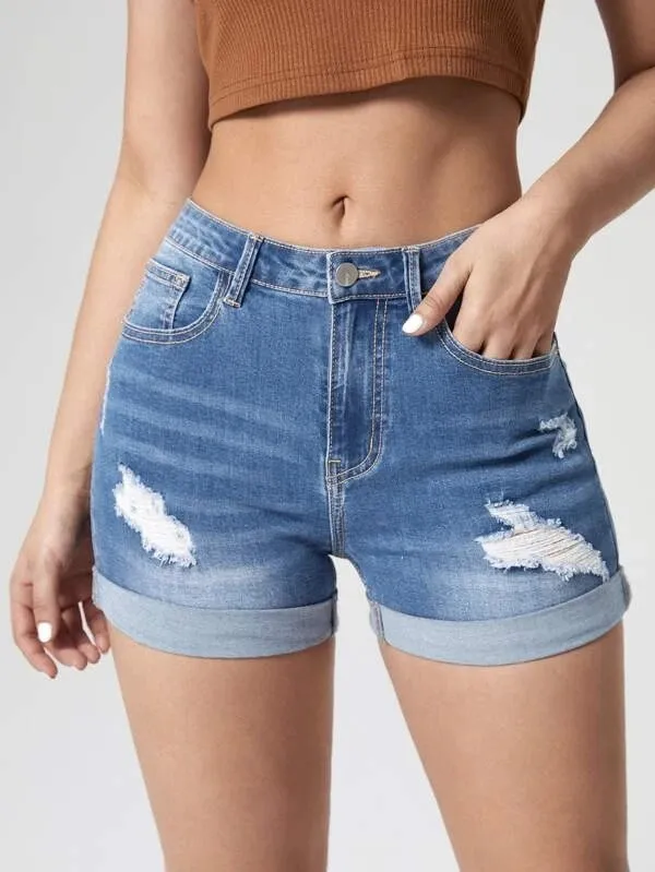 Women's Fashion Holes Curling High Elastic High Waist Denim Shorts Light Blue - Shop at LoveMi