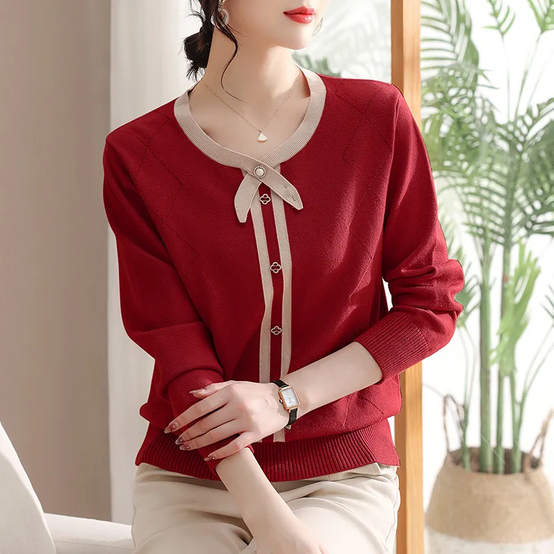 Temperament Knitted Shirt Spring And Autumn Sweater - Wine Red