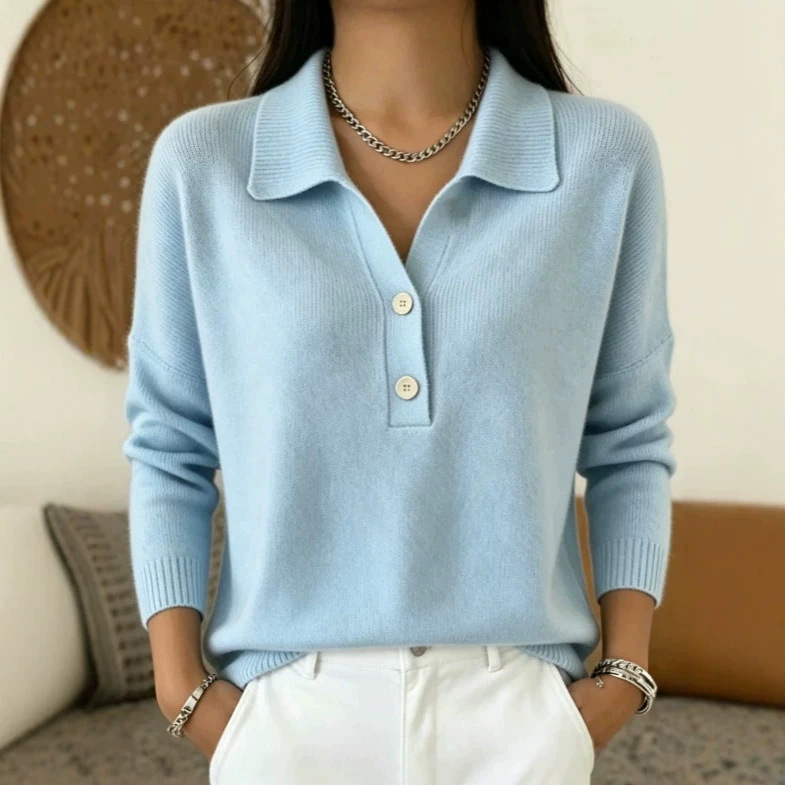 Womens Knitted Sweater With Turn-Down Collar, Casual Knit Top