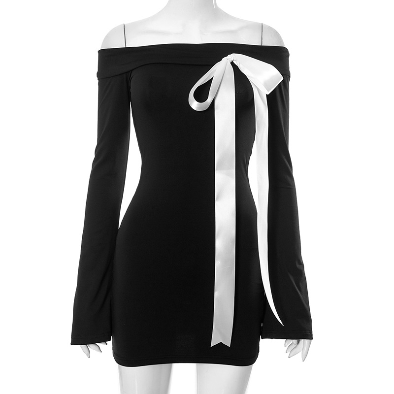 Spring And Summer New Long-sleeved Off-shoulder Bow Hip-wrapped Hot Girl Dress