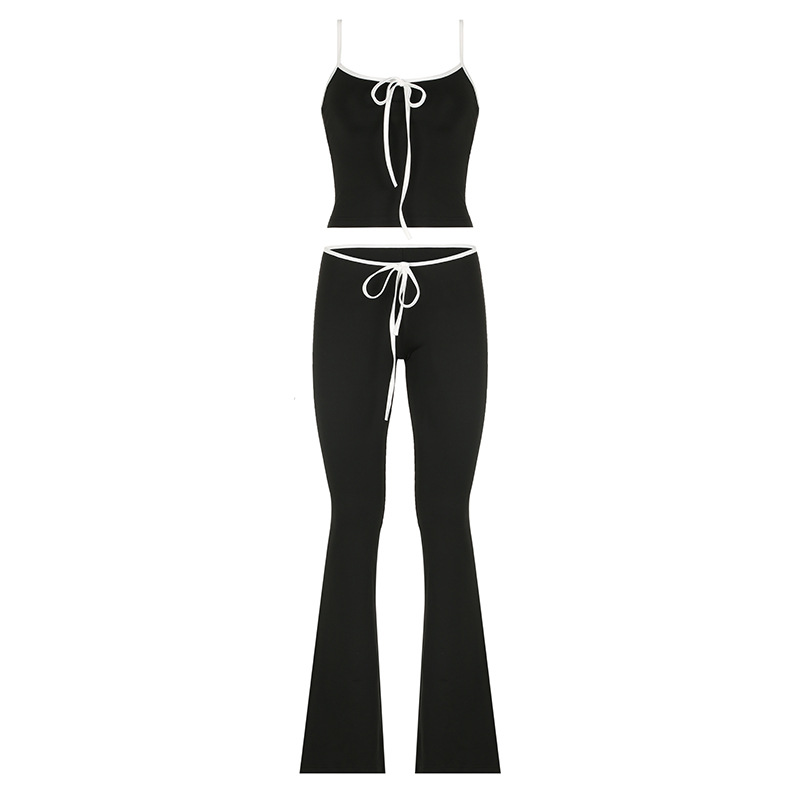 Contrast Color Lace-up Bow Suspenders Trousers Suit Two-piece Set