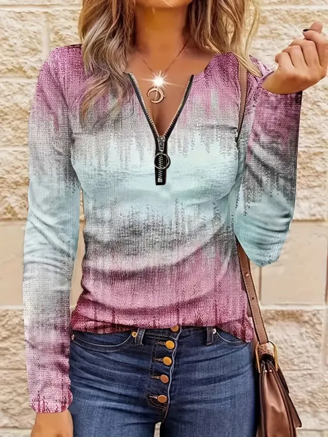 Women's Casual Loose Contrast Striped Half Zipper Top G43Z737 - Shop at LoveMi