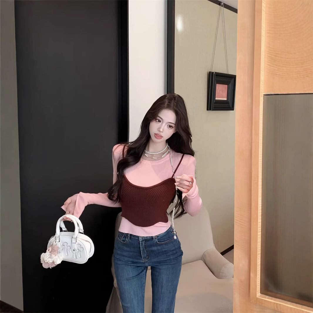 Pure Desire Sweet Girl Round Neck Fake Two-Piece Long Sleeve Knit Base Layer Top for Women, Autumn New Arrival Design Slimming Top