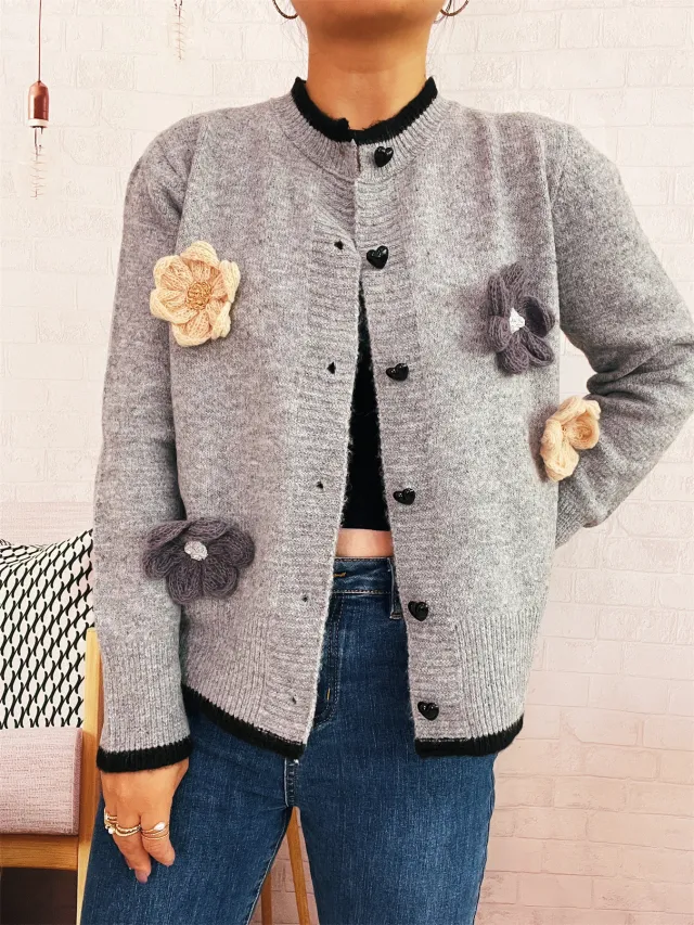 Casual Three dimensional Flower Decoration Contrast Color Round Neck Knitted Sweater Gray - Shop at LoveMi