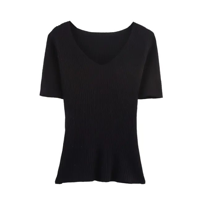 Solid Color Vertical Bar Knitted Short Sleeve Black - Shop at LoveMi