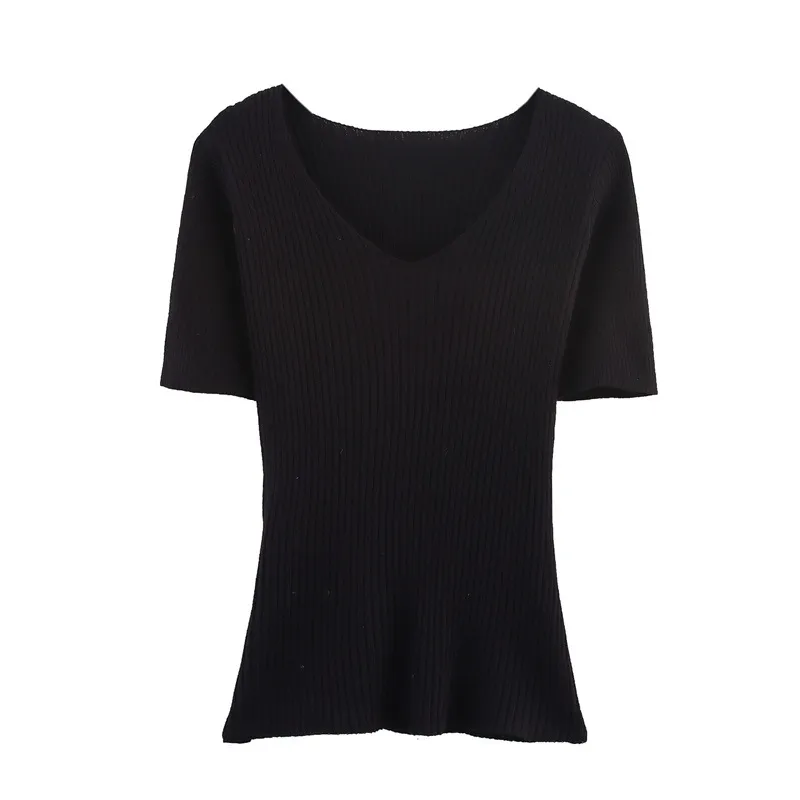Solid Colour Vertical Bar Knitted Short Sleeve - Black