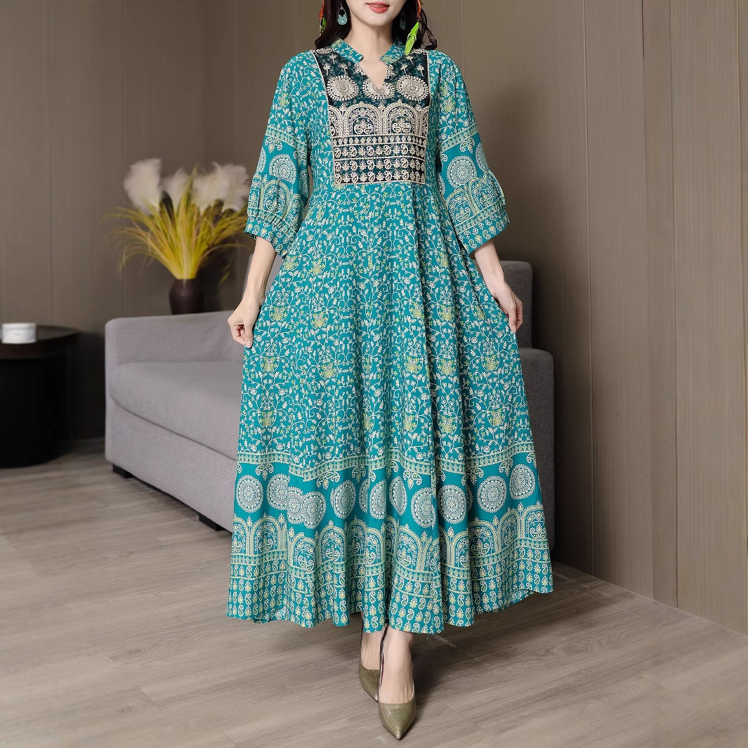 Embroidered Swing Skirt Artistic Vintage Leisure Vacation Travel Dress