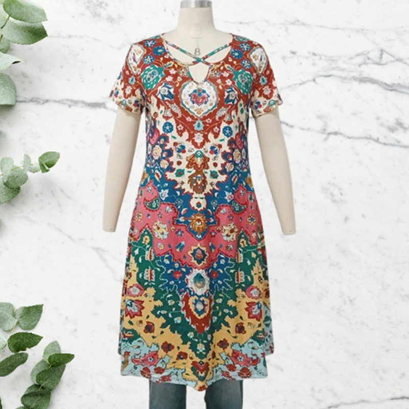 European And American Retro Ethnic Printed Dress Short Sleeve Vacation Overknee Skirt
