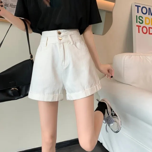 Two button High Waist Denim Shorts Women's Wide Leg Curling A Line Hot Pants Tide White - Shop at LoveMi