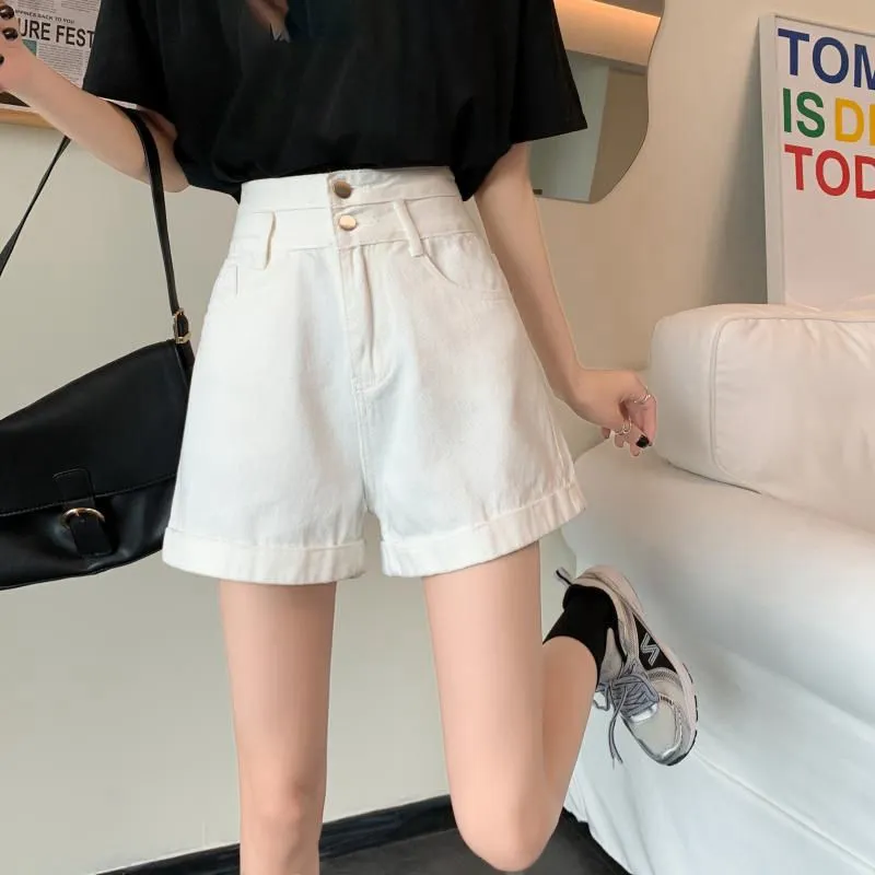Two-button High Waist Denim Shorts Women's Wide Leg Curling A- Line Hot Pants Tide - White