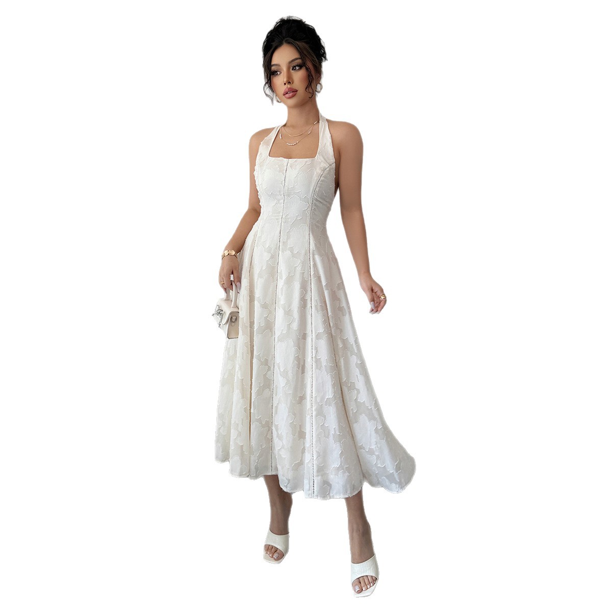 فستان ماكسي أنيق وبسيط بأكمام طويلة وفتحة رقبة على شكل حرف V من ملابس نسائية