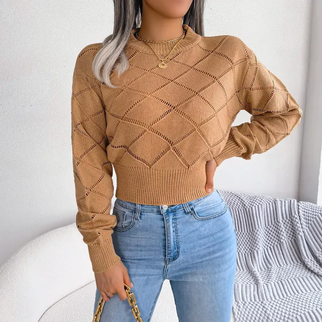 Hollow Plaid Long Sleeves Cropped Knitted Sweater Khaki - Shop at LoveMi