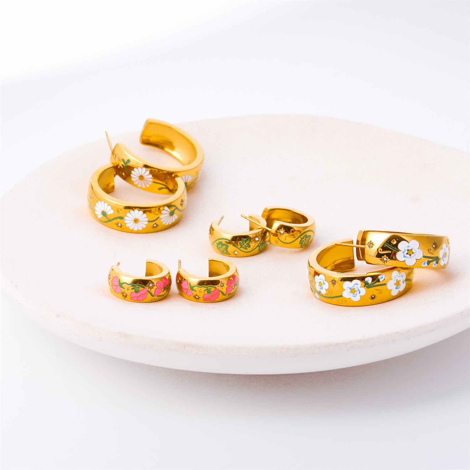 Painted Flower Flower Rose C- Shaped Earrings