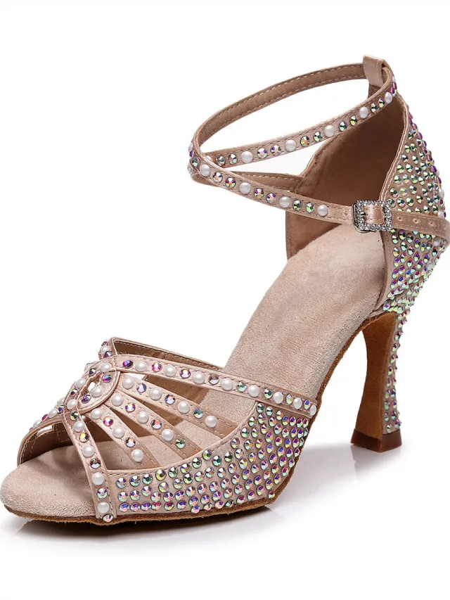 Women's Hot Rhinestone Latin Dance High Heel Shoes Soft Bottom Rhinestone Skin Color 34 - Shop at LoveMi