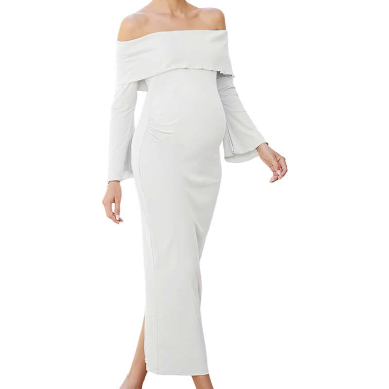 Knitted Stretch Maternity Dress Slim Fit Long Gown White - Shop at LoveMi