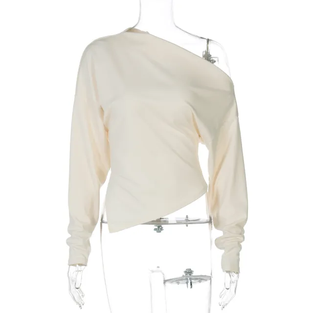 Women's Fashion Simple Shoulder Stretch Slim Fit Slit Long Sleeve Top Apricot - Shop at LoveMi