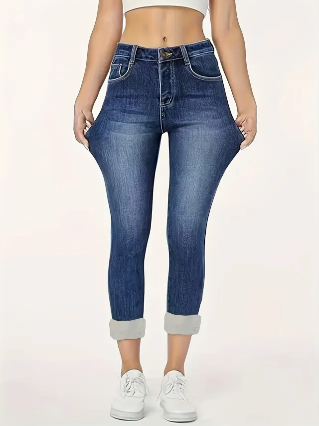 Fashion Slim Fit Skinny Fleece Padded Jeans Ladies Dark Blue - Shop at LoveMi