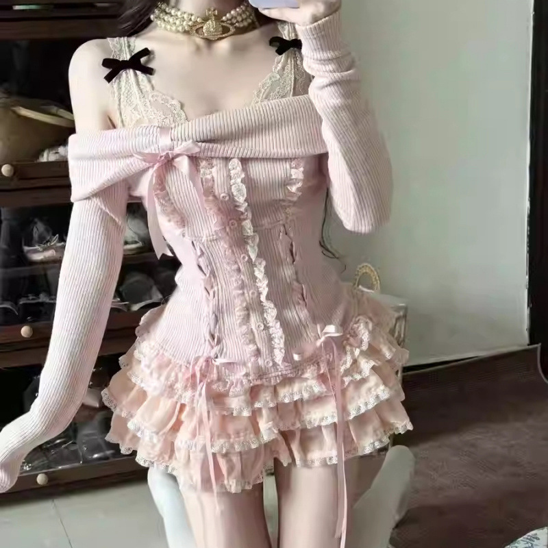 Skirt Pure Desire Style Sweet Bow Off-shoulder Long Sleeve Top Cake Short Skirt Girl Two-piece Set
