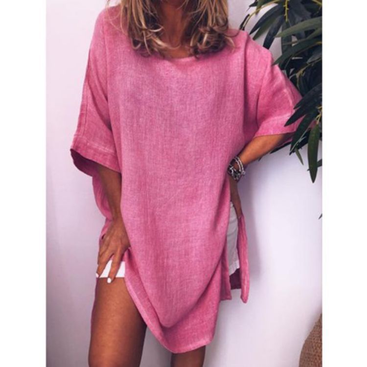 Summer Leisure Cotton And Linen Solid Color Hem Split Dress Red - Shop at LoveMi