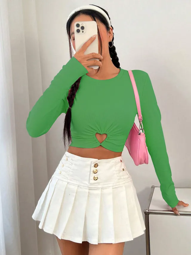 Women's Round Neck Slim fit Short Heart And Circle Long Sleeve T shirt Green - Shop at LoveMi