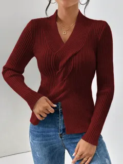 Women's Knitwear Thread Slit Hemline At Hem Long Sleeve Solid Color Slim Fit Sweater - Wine Red - View 1
