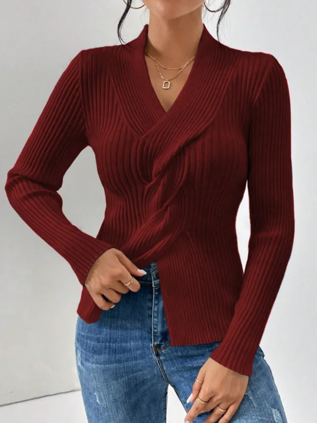 Women's Knitwear Thread Slit Hemline At Hem Long Sleeve Solid Color Slim Fit Sweater Wine Red - Shop at LoveMi