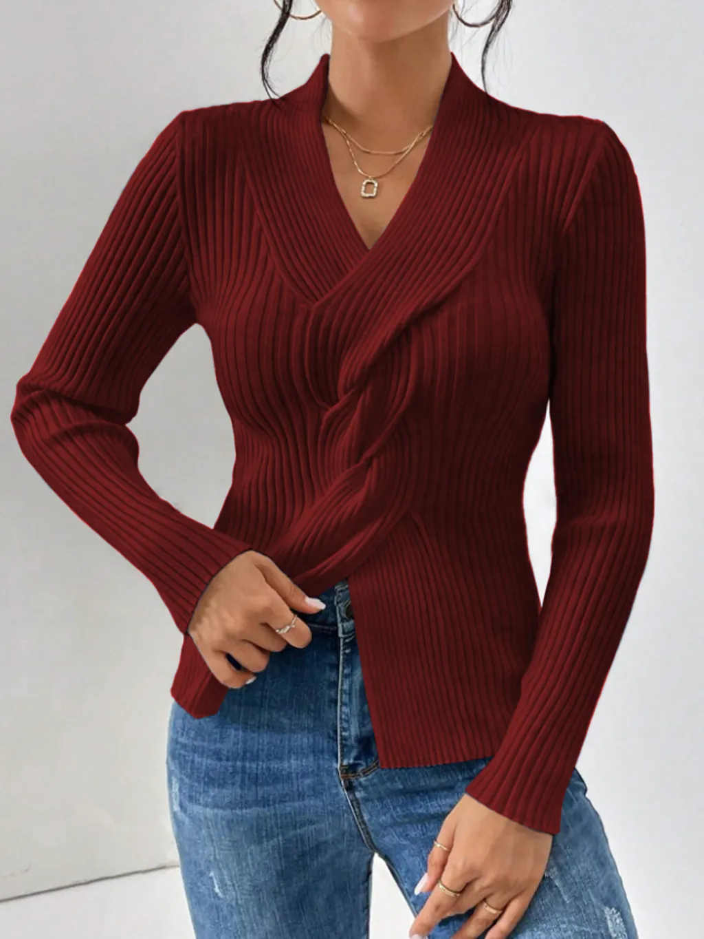 Women's Knitwear Thread Slit Hemline At Hem Long Sleeve Solid Colour Slim Fit Sweater - Wine Red