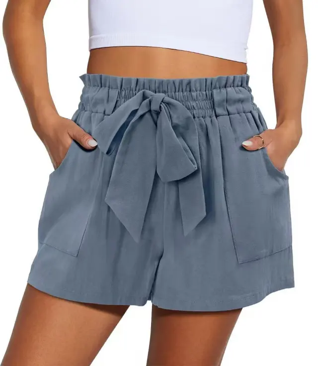 Summer New Elastic Waist Drawstring Knotted Short Solid Color Casual Women Blue - Shop at LoveMi
