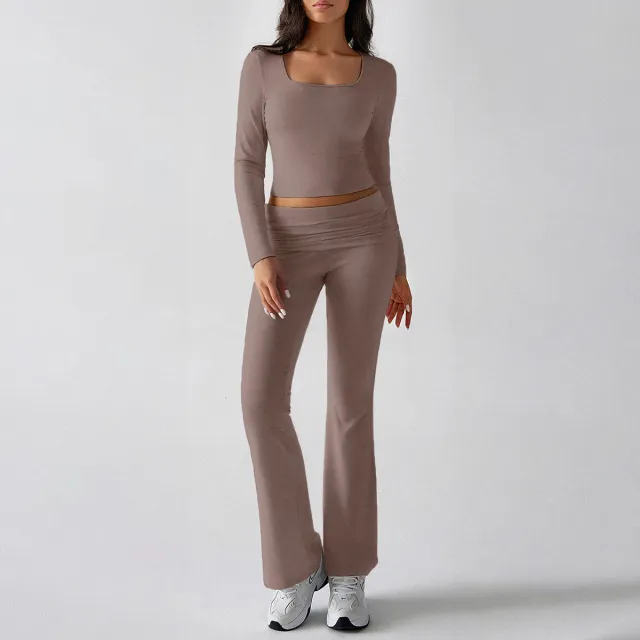 Casual Knitted Long sleeved Top Yoga Top Pants Camel - Shop at LoveMi