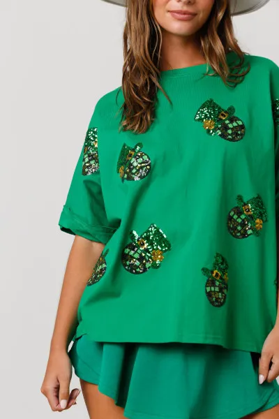 St Patrick Sequined Top Loose T shirt For Women Green Hat - Shop at LoveMi
