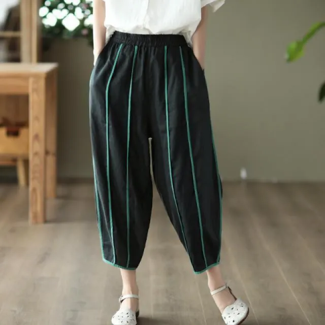 Summer Thin Striped Cotton And Linen Cropped Pants For Women Black - Shop at LoveMi