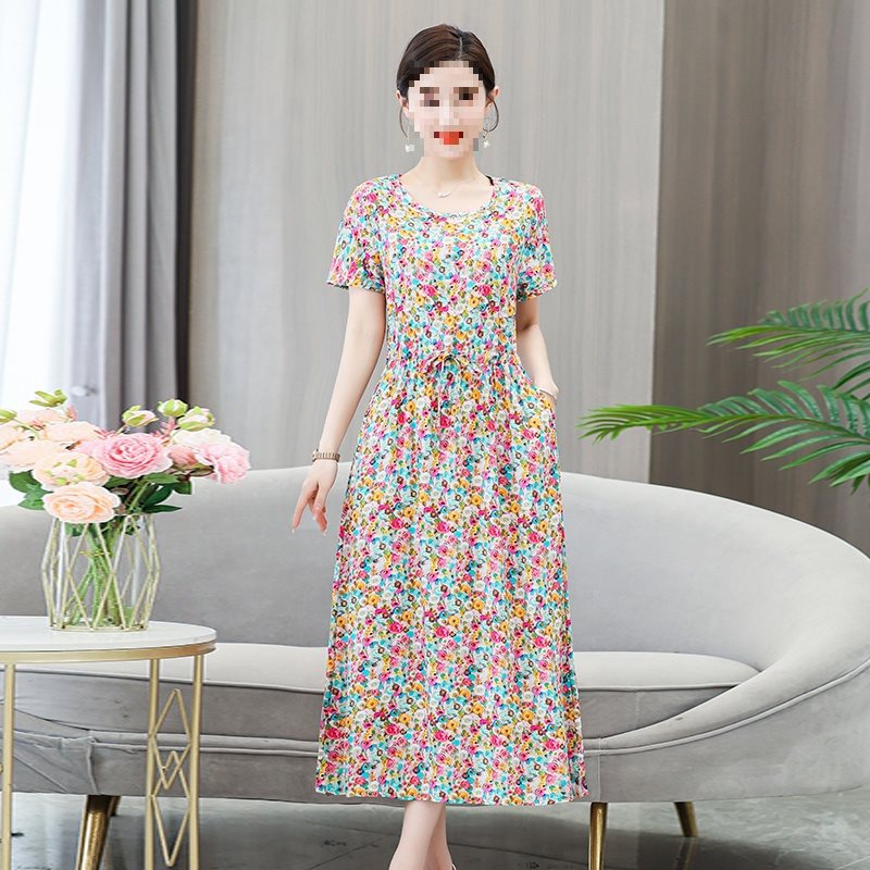 Dress Summer Floral Artificial Cotton Skirt Short Sleeve Loose Cotton Overknee Skirt No 27 Color 201 - Shop at LoveMi