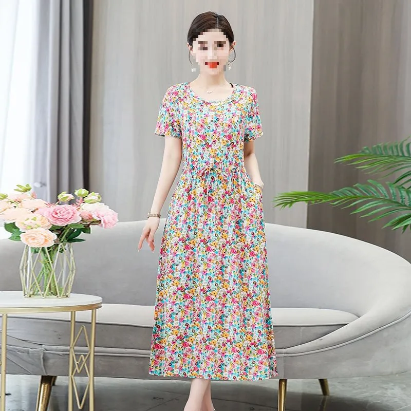 Dress Summer Floral Artificial Cotton Skirt Short Sleeve Loose Cotton Overknee Skirt - No 27 Color 201